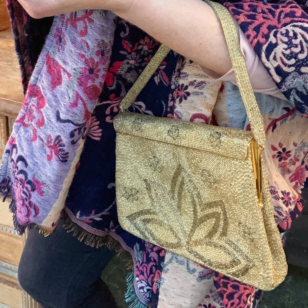 Vintage French DELILL Purse gold beaded lotus flower mini strap dainty art deco